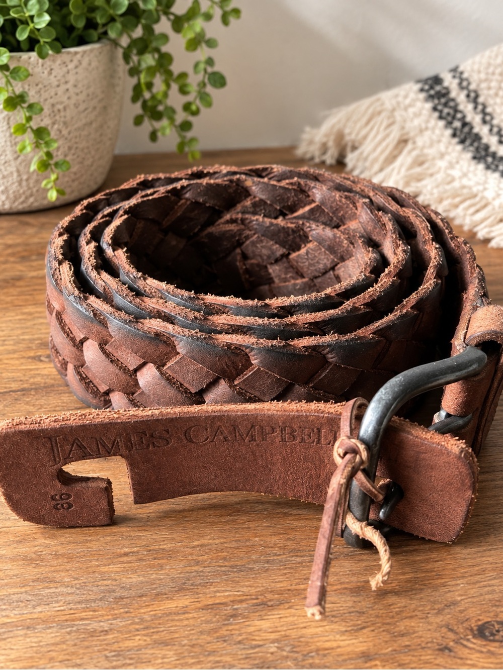 James Campbell Braided Leather Belt Brown Size 36 NWT